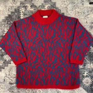Benetton Vintage Mohair Blend Red Turquoise mock neck sweater 90s 80s